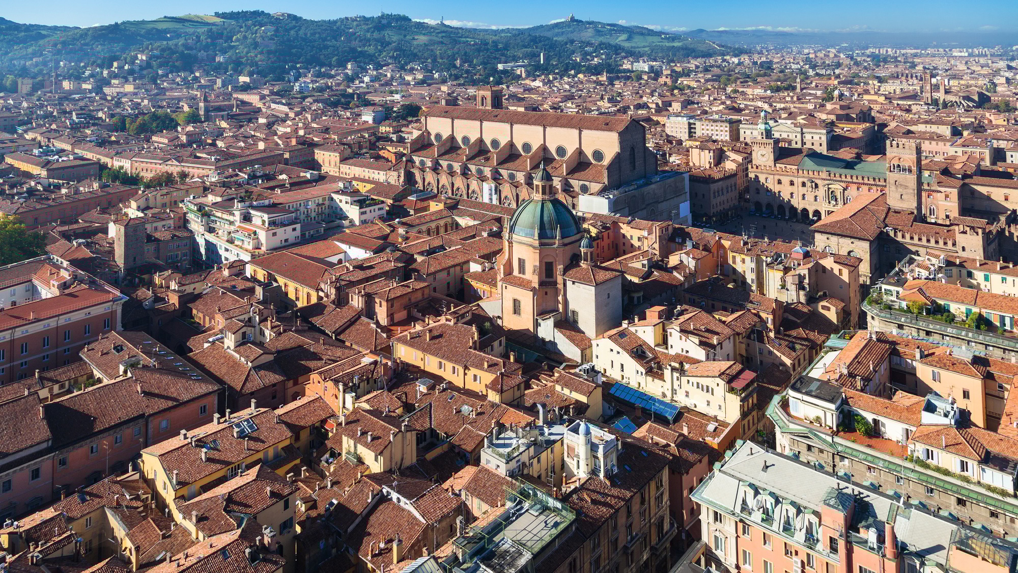above view of historic center of Bologna city