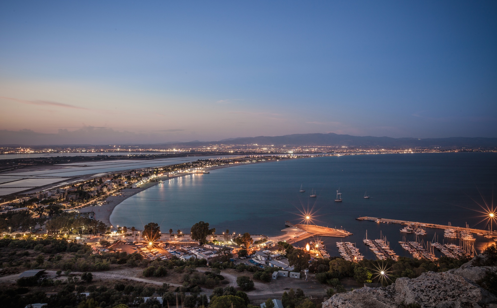 View of coast at sunset, Cagliari, Sardinia, Italy
